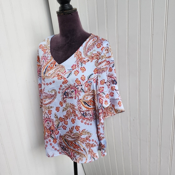 Zac & Rachel Light Blue Red Paisley Top  V-Neck Tunic Blouse Satin Bell Flare M - Picture 2 of 11